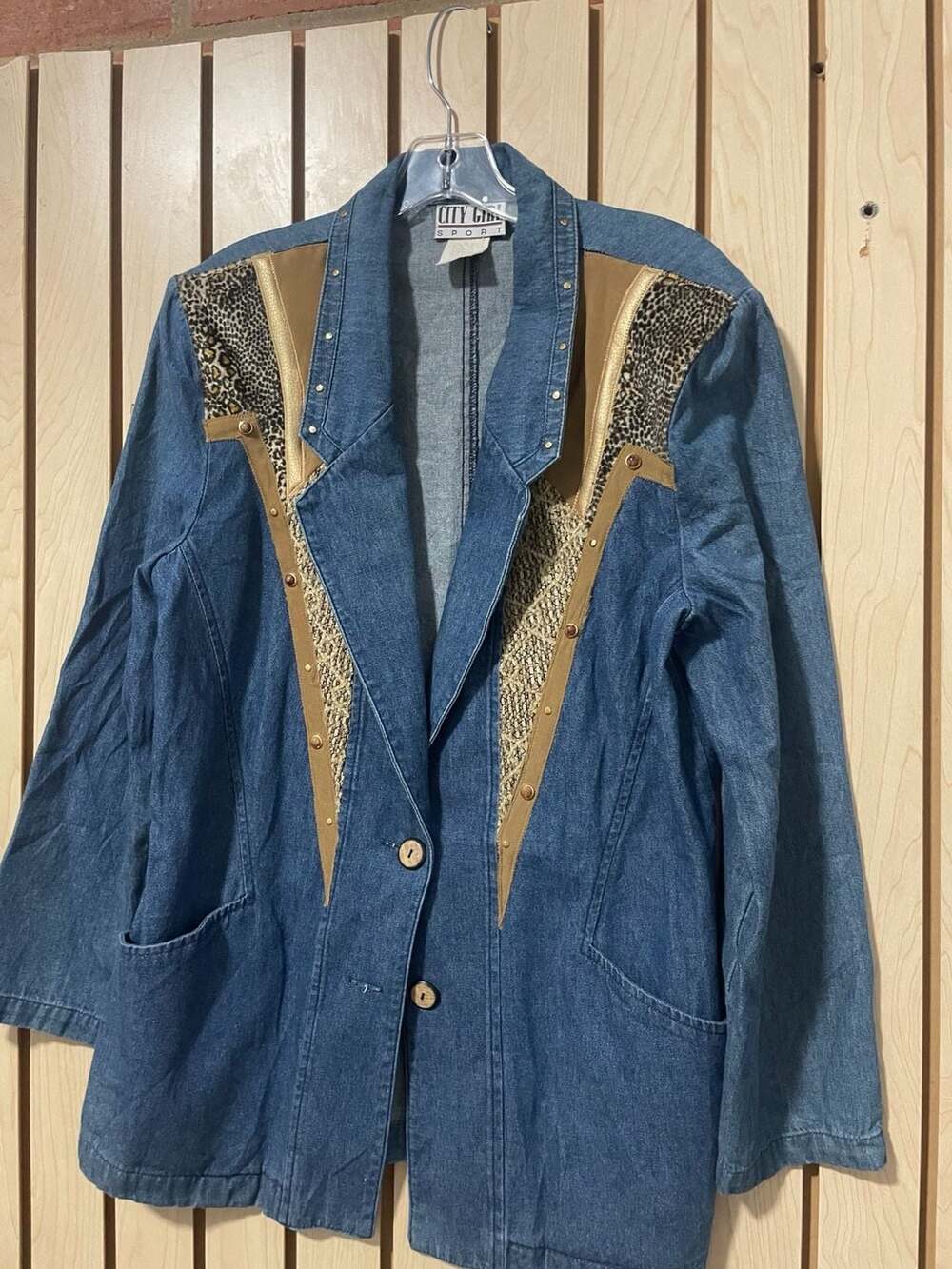 Vintage City Girl Sport Leopard Print Studded Denim Jacket Size 10